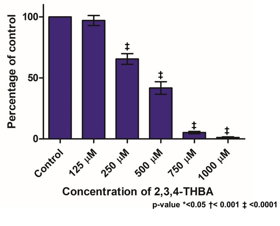 Effect of 2,3,4-THBA on HCT-116 colon cancer cell proliferation. Following treatment of cells with 2,3,4-THBA for 48 hr, cells were trypsinized and counted using a cell counter.